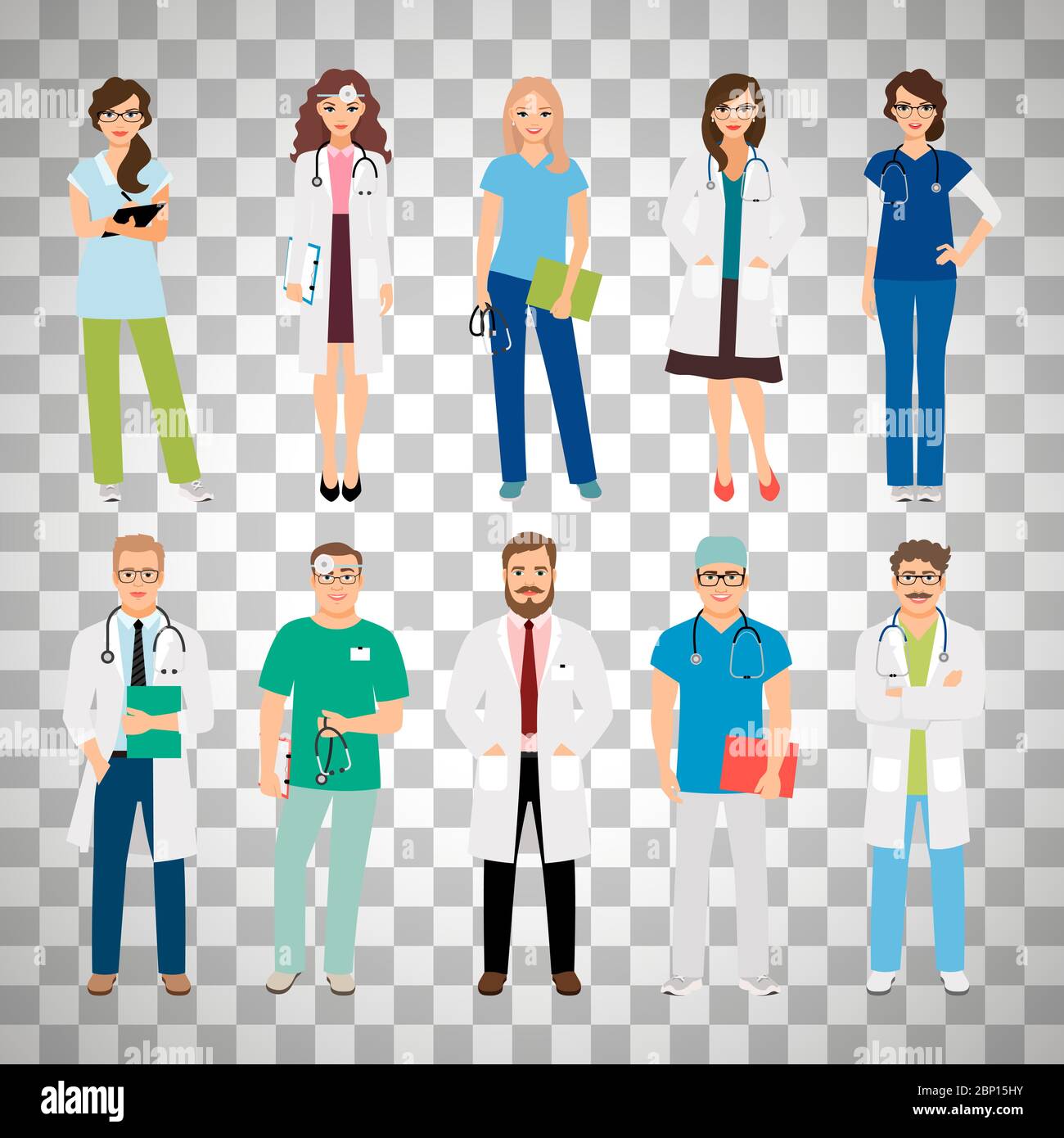 Personale sanitario isolato su sfondo trasparente. Sorridendo medici e infermieri in uniforme per progetti di assistenza sanitaria. Illustrazione vettoriale Illustrazione Vettoriale