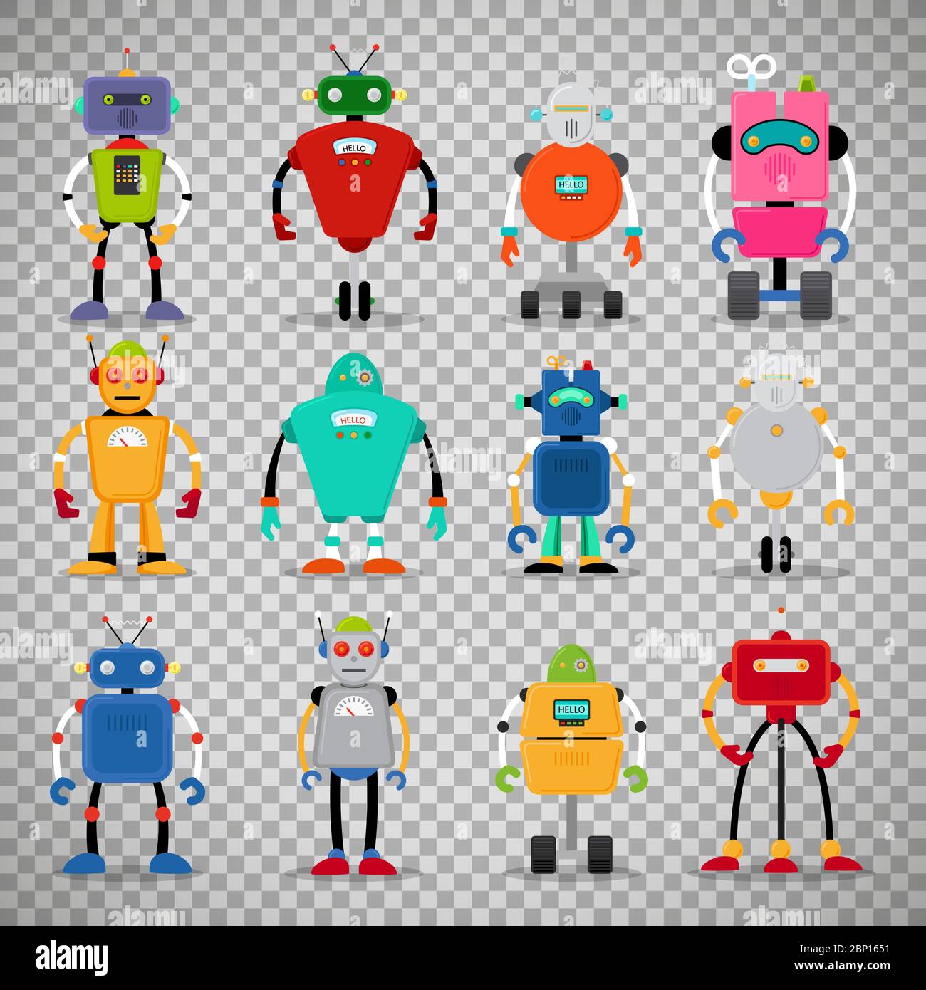 Cute robot icone colorate grande set isolato su sfondo trasparente. Illustrazione vettoriale Illustrazione Vettoriale