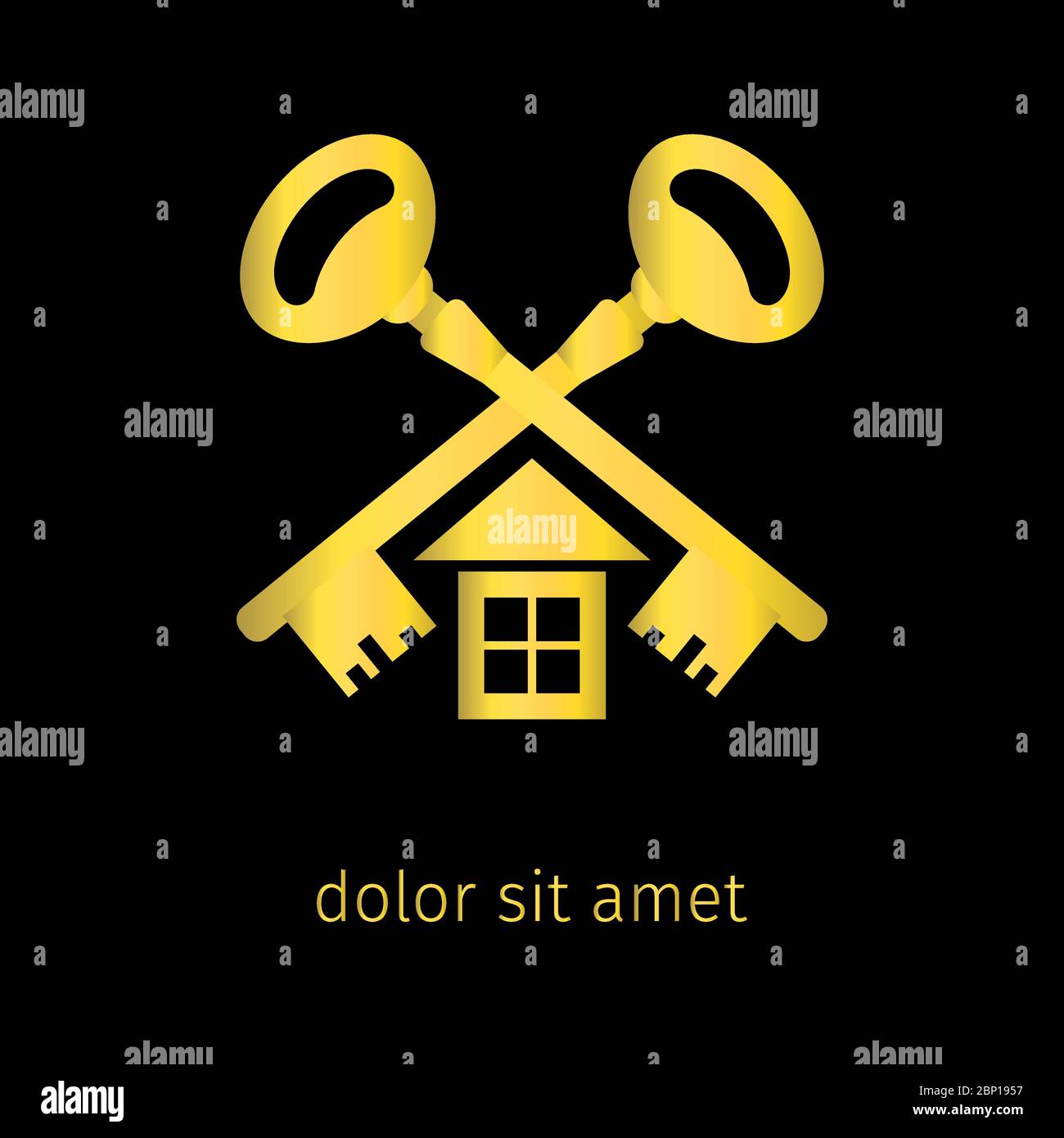 Vecchio logo di chiave e casa d'epoca in colore dorato, illustrazione vettoriale Illustrazione Vettoriale