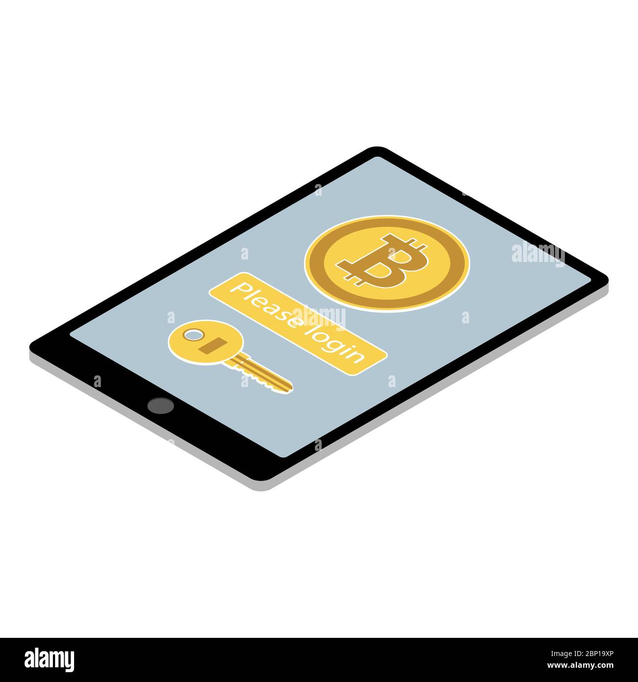App concettuale per portafoglio bitcoin sul tablet isometrico isolato su sfondo bianco, illustrazione vettoriale Illustrazione Vettoriale