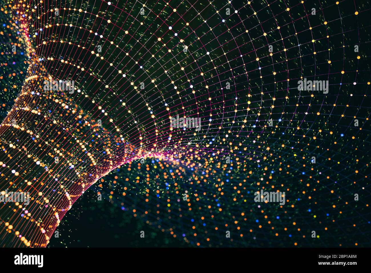 Panoramica del rendering 3D della singolarità di un buco nero massiccio o di un wormhole, concetto di spazio-tempo curvo Foto Stock