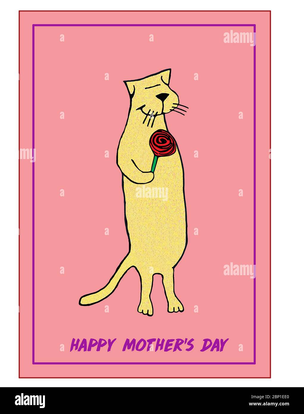 Cartone animato colorato di un gatto che dà una rosa rossa alla madre signifying Happy Mothers Day Foto Stock