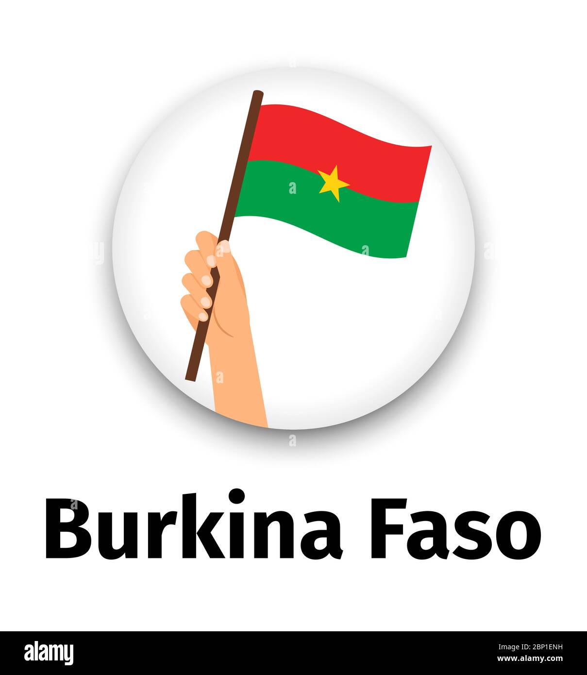 Bandiera del Burkina Faso in mano, icona rotonda con ombra isolata su bianco. Indicatore di tenuta della mano umana, illustrazione vettoriale Illustrazione Vettoriale