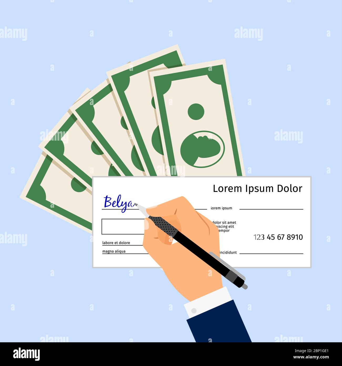 La mano umana firma un segno di spunta isolato su sfondo blu, illustrazione vettoriale Illustrazione Vettoriale