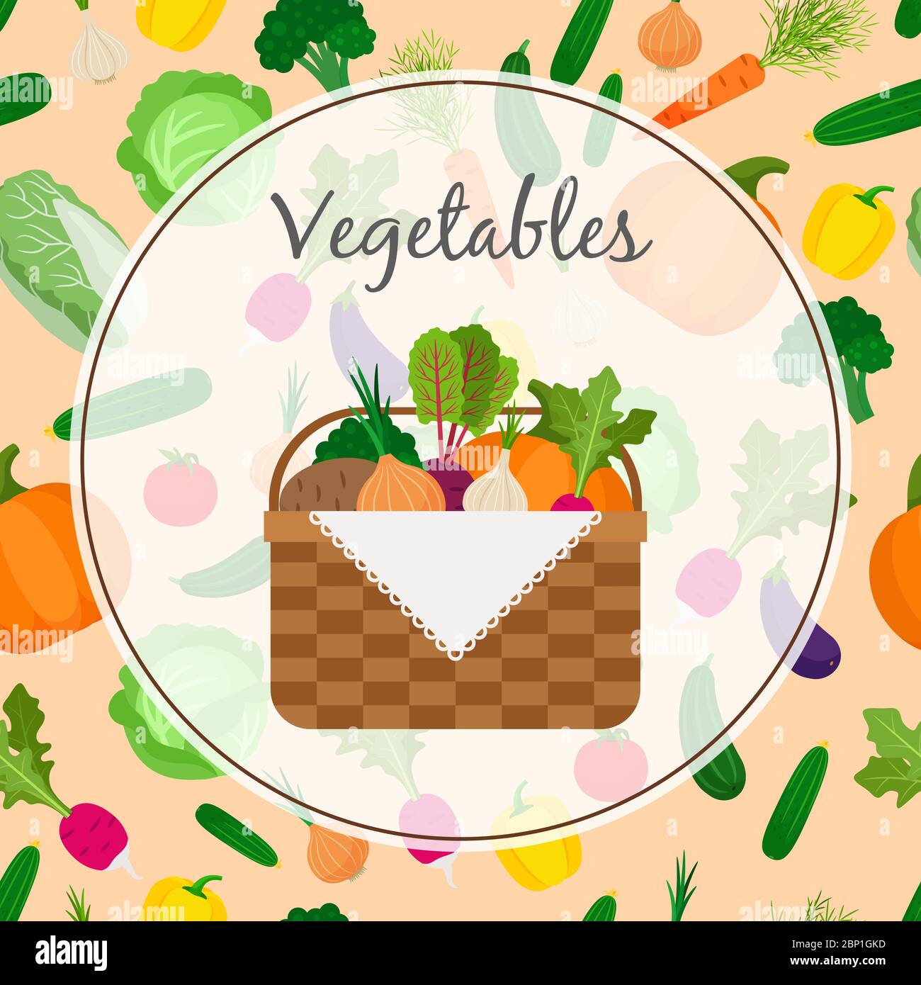 Un cestino pieno di verdure fresche. Sfondo vettoriale Illustrazione Vettoriale