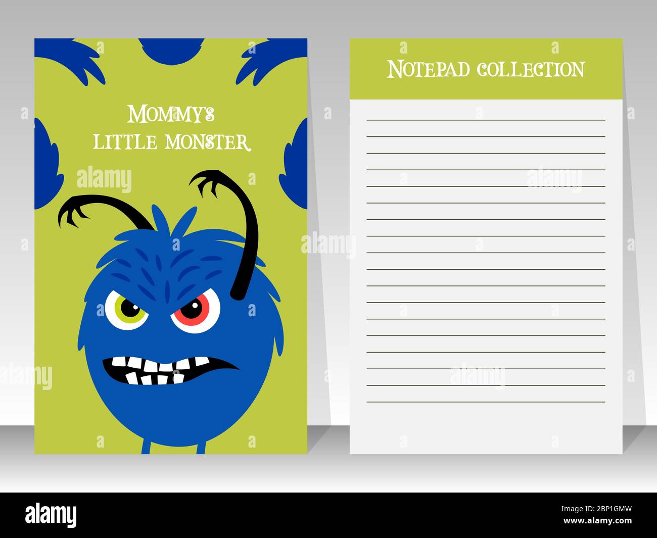 Simpatico modello giallo notebook con mostro blu arrabbiato, illustrazione vettoriale Illustrazione Vettoriale