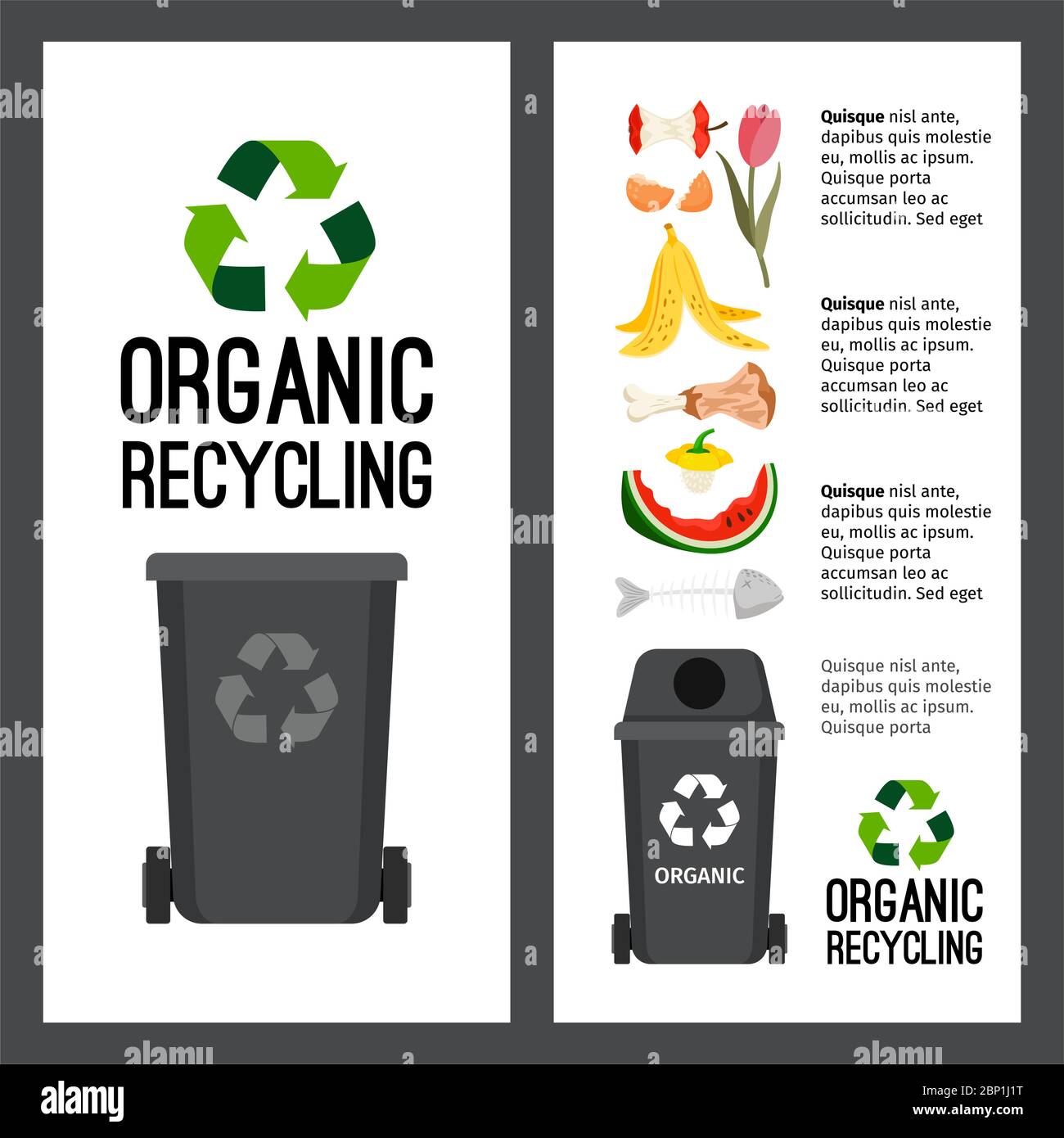 Informazioni contenitore grigio spazzatura con elementi del cestino organici, illustrazione vettoriale Illustrazione Vettoriale