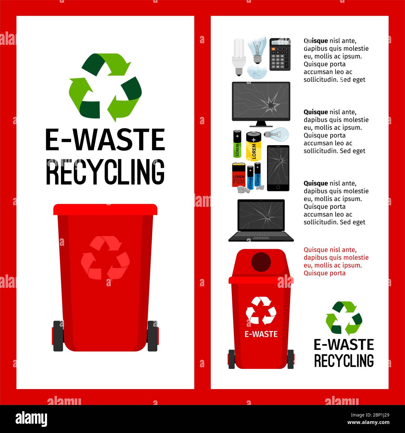 Informazioni contenitore rosso spazzatura con elementi del cestino e-waste, illustrazione vettoriale Illustrazione Vettoriale