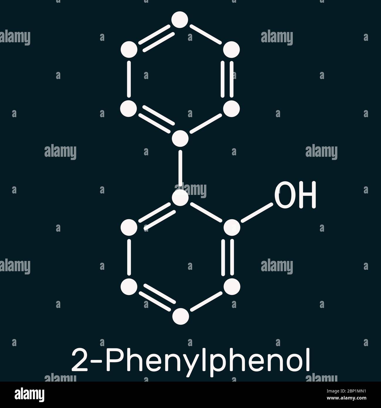 2-fenilfenolo, bifenilolo, ortofenile, molecola C12H10O. È un agente antifungino e conservante con numero e E231. Formula chimica scheletrica ON Foto Stock
