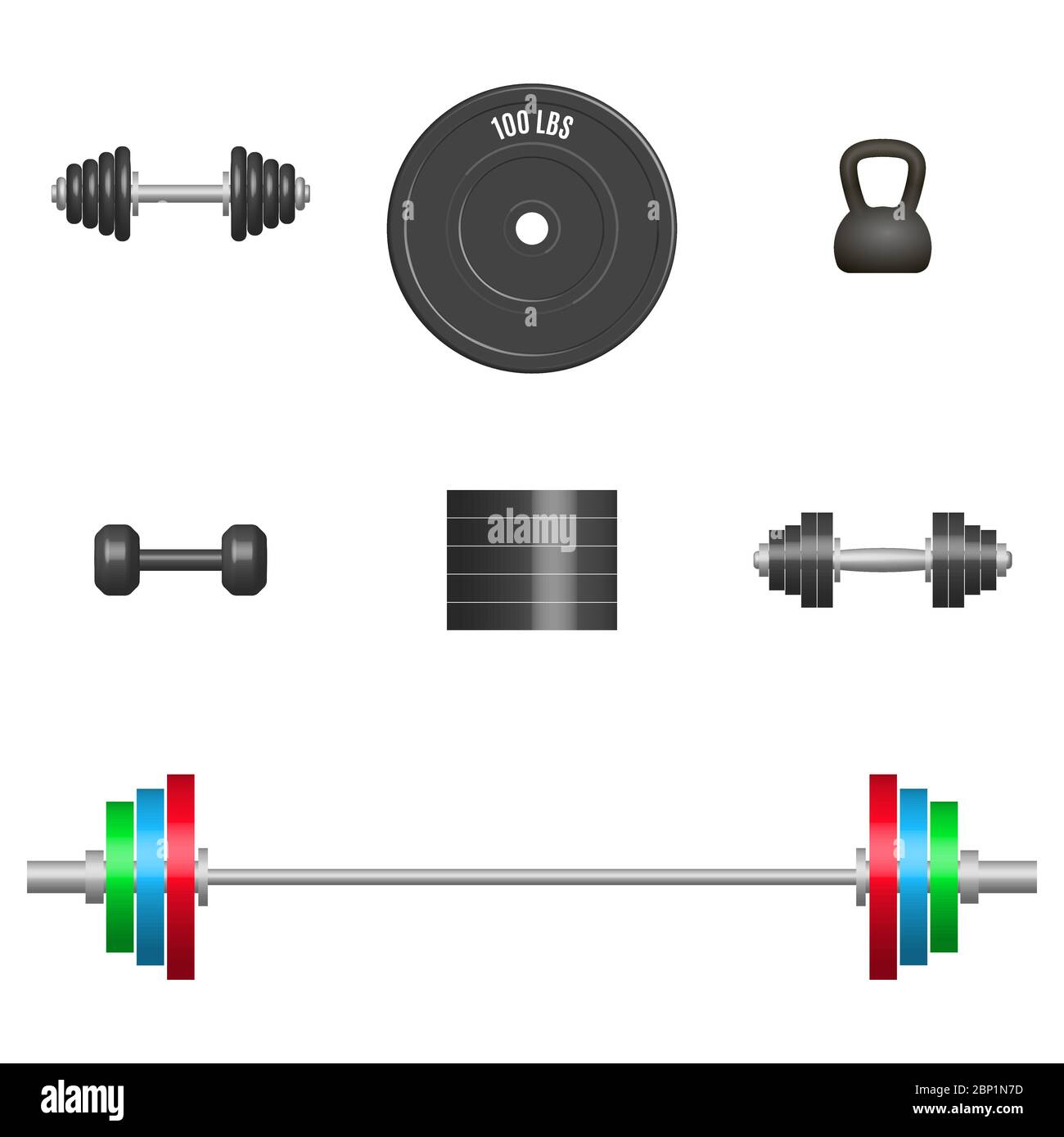 Set di 3D Sport gli elementi di apparecchiature. Elementi di progettazione per la palestra e la sala fitness. Vista frontale, illustrazione vettoriale. Illustrazione Vettoriale