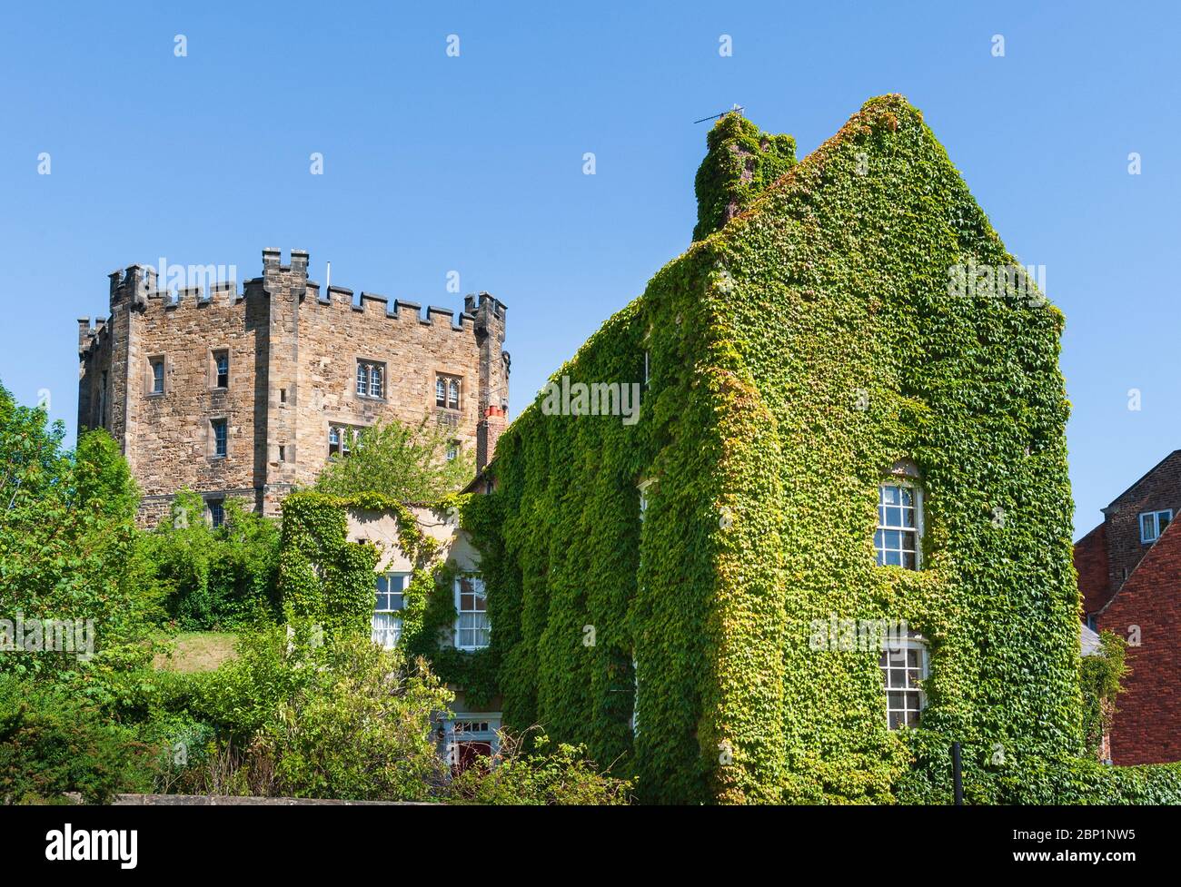 Durham Castle Keep e la Ivy Clad University College Masters House da Palace Green, Durham City Foto Stock