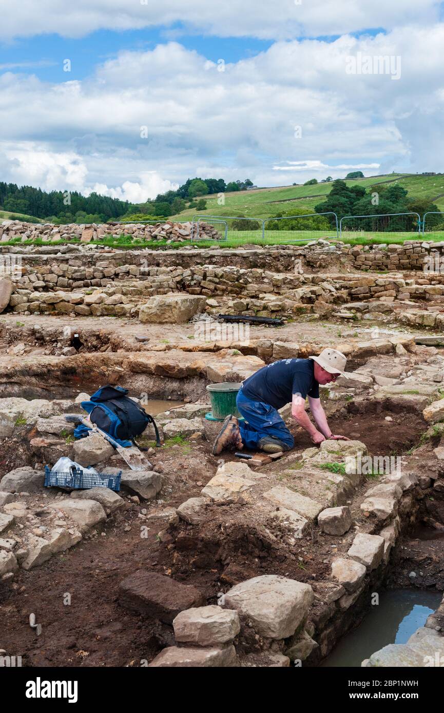 Scavi archeologici - archeologo che effettua uno scavo al Forte romano di Vindolanda vicino al Muro di Adriano nel Northumberland. Foto Stock