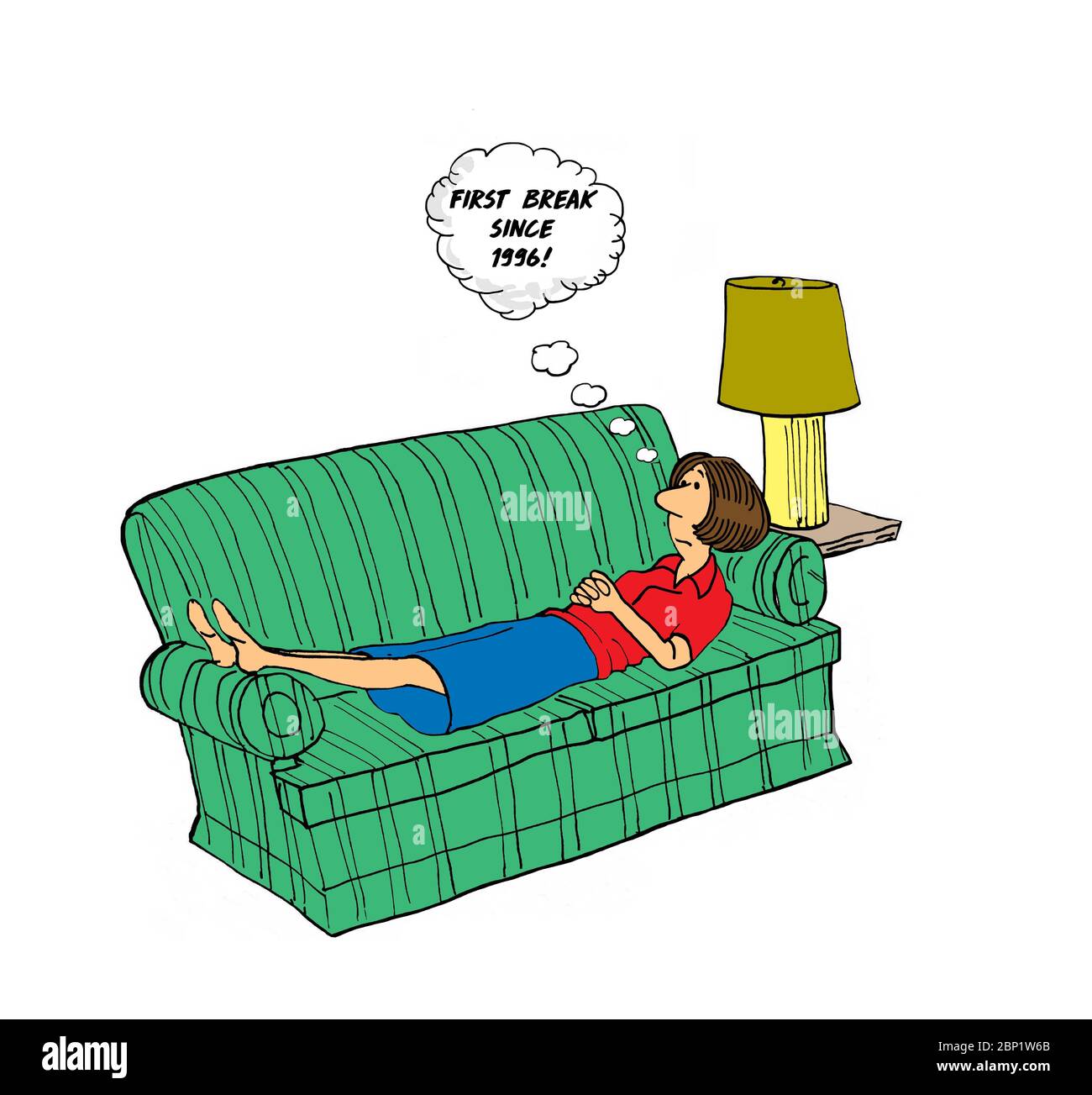 Cartone animato a colori di una donna di mezza età che riposa su un divano e che pensa sia la prima volta che è stata in grado di riposare dal 2008. Foto Stock