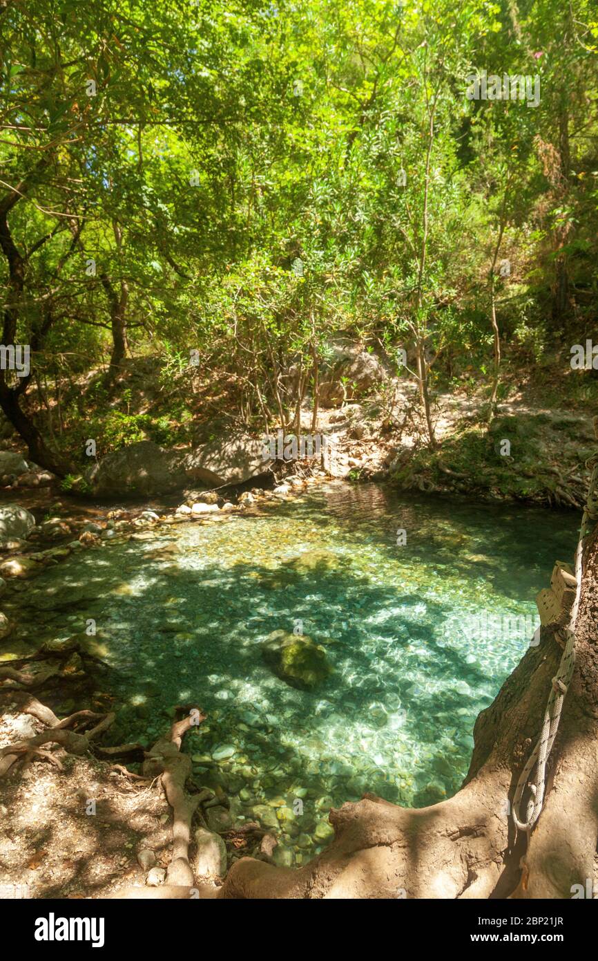 Laguna nascosta nei boschi del Monte Taygetos, vicino alla città di Sparti, nella regione di Laconia, Peloponneso, Grecia. Foto Stock