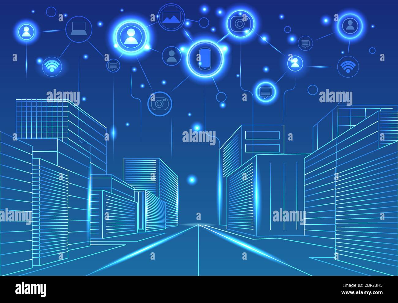 Vita sociale digitale della città di notte Illustrazione Vettoriale