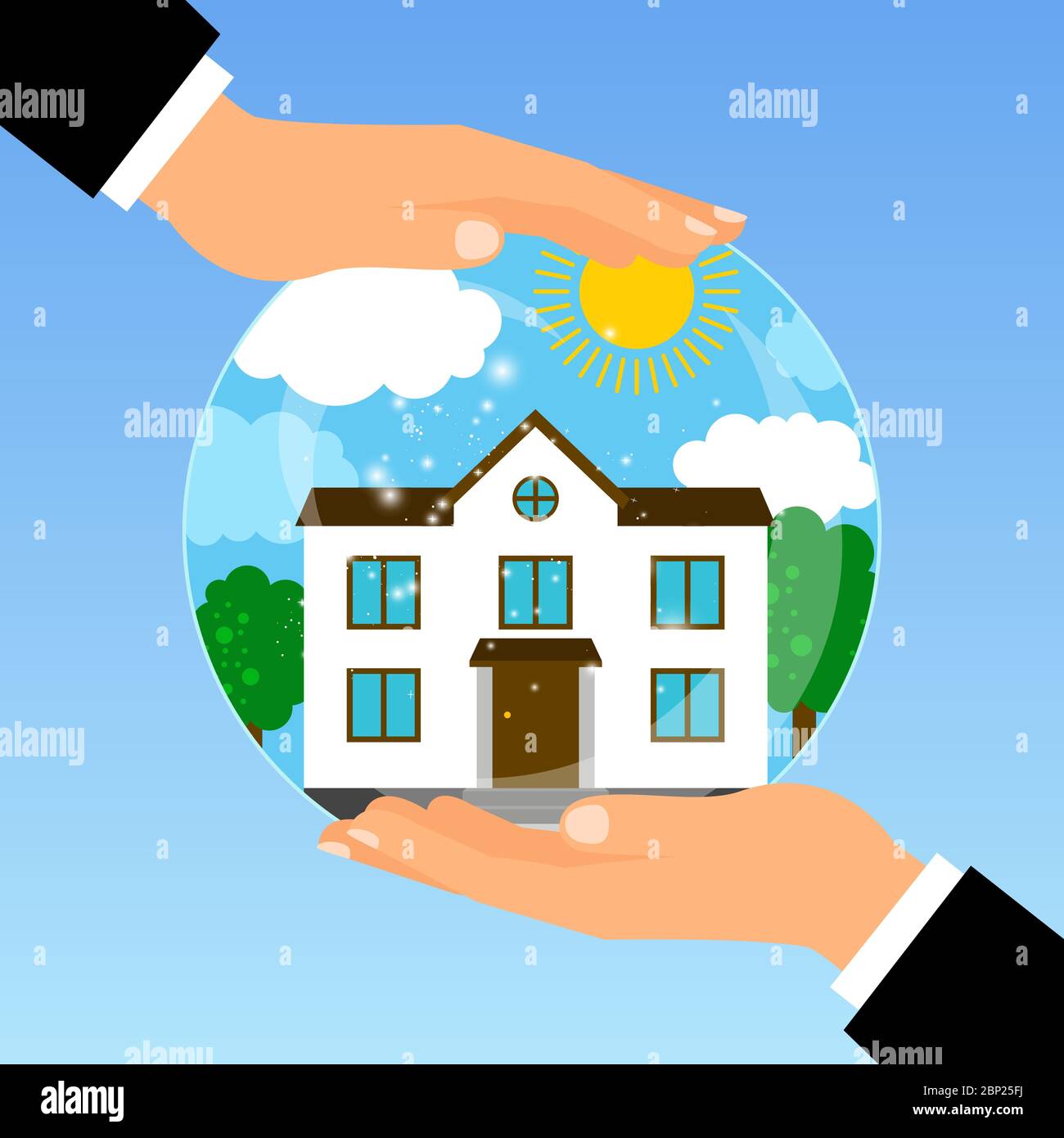 Uomo d'affari che tiene una ciotola di vetro con sogno della sua propria casa, illustrazione vettoriale Illustrazione Vettoriale