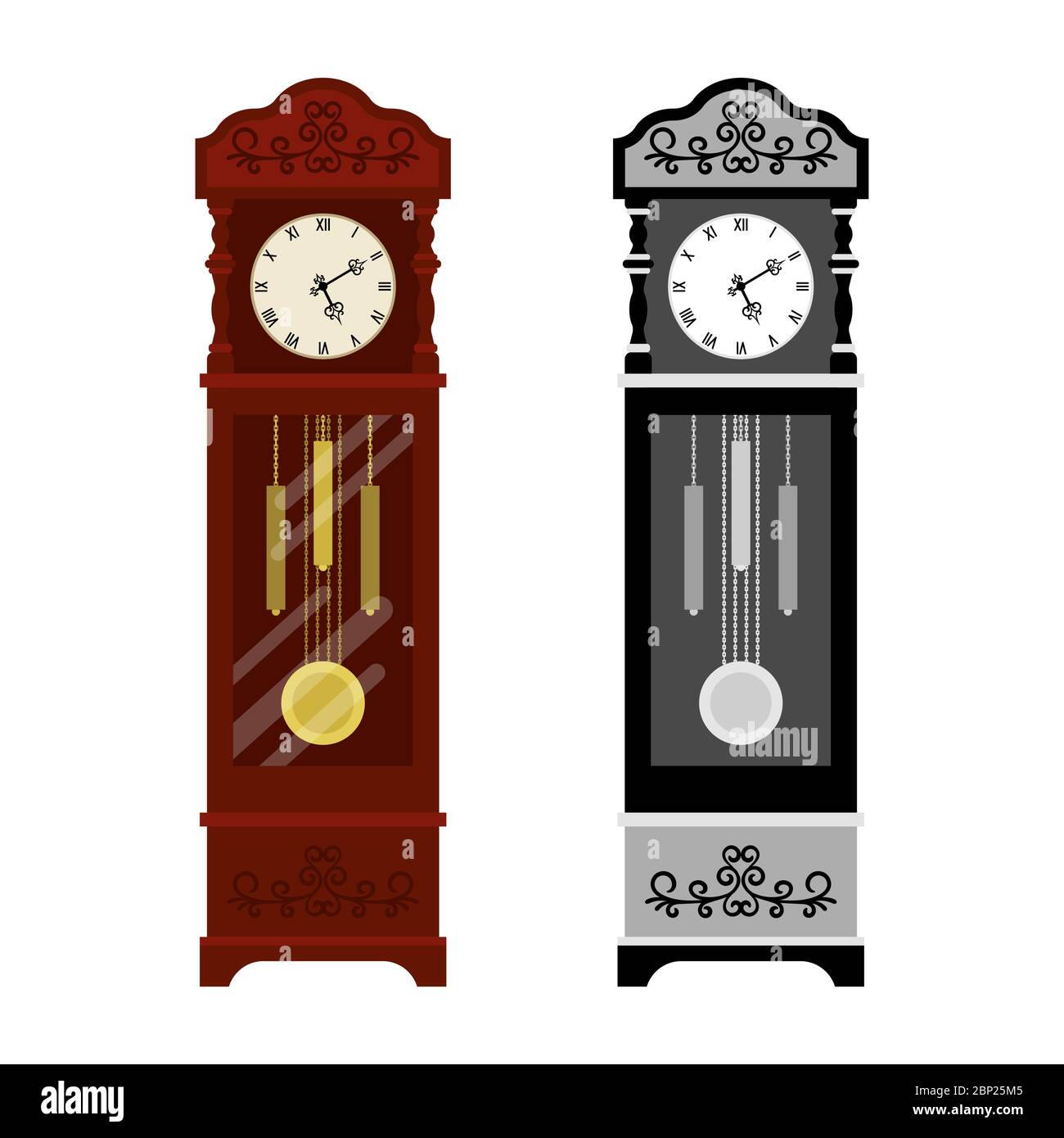 Versione analogica dell'orologio precedente e della scala di grigi isolata su sfondo bianco, illustrazione vettoriale Illustrazione Vettoriale