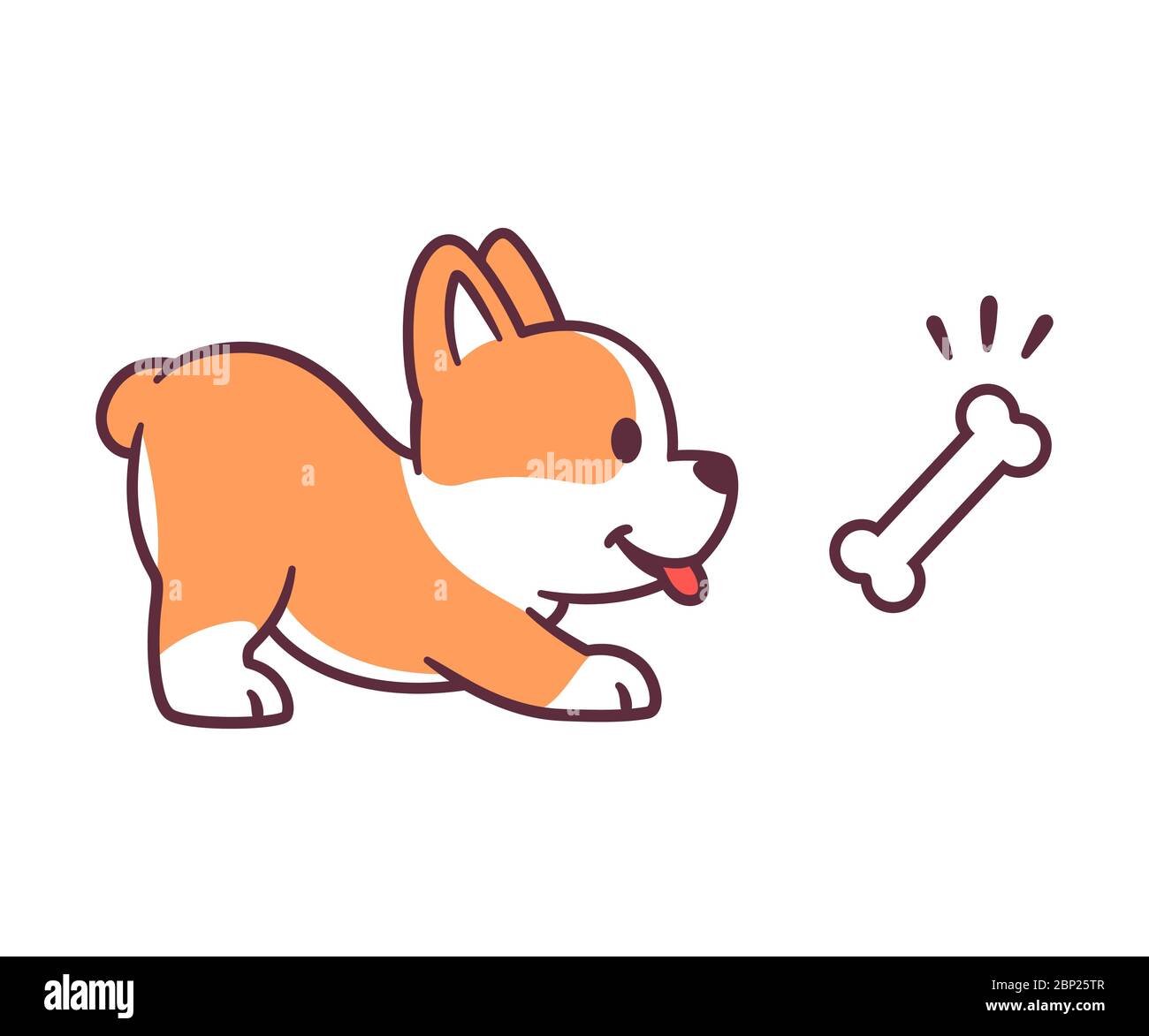Divertente cane cartone animato con ossea trattare. Carino cucciolo di Corgi in posa giocosa. Illustrazione grafica a clip vettoriale isolata. Illustrazione Vettoriale