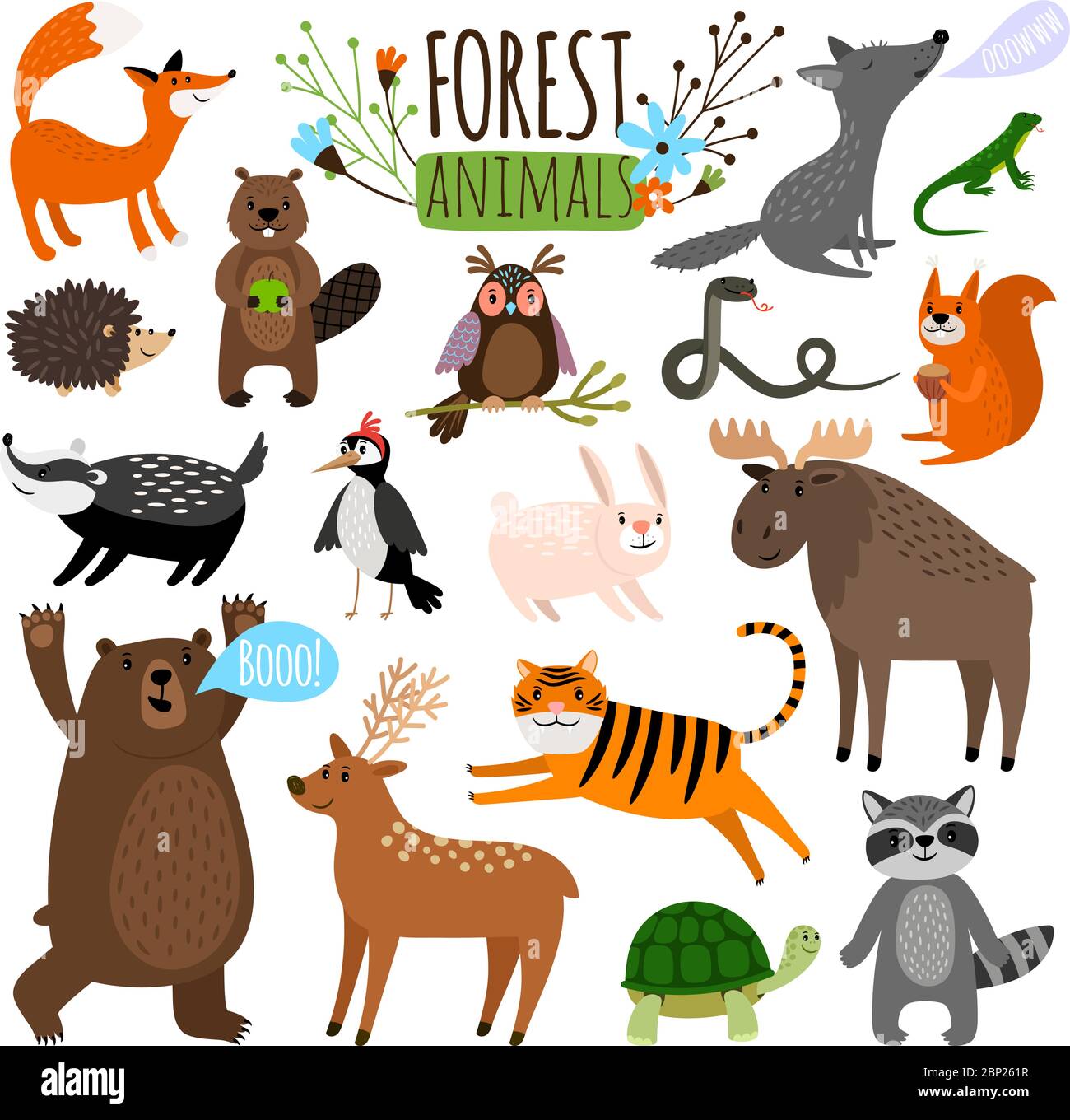 Animali della foresta. Woodland carino animale set disegno vettore illustrazione come alci o cervi e procione, volpe e orso isolato su bianco Illustrazione Vettoriale