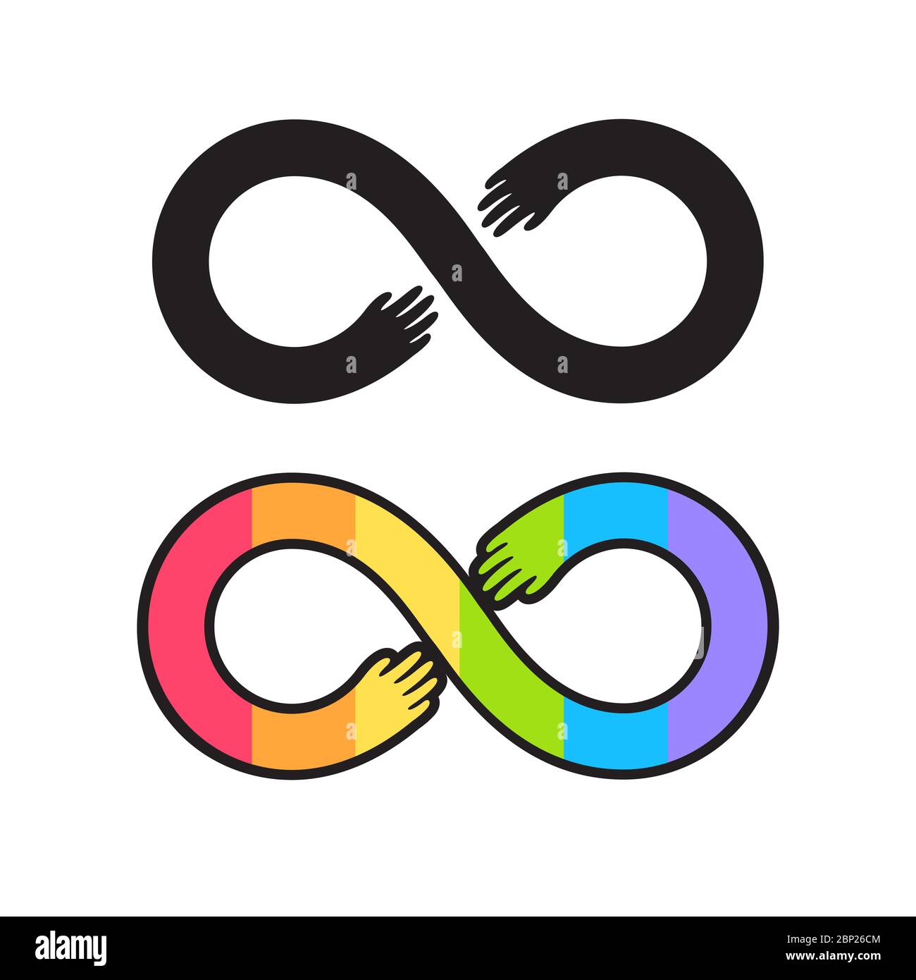 Simbolo dell'orgoglio autistico, segno infinito con mani d'aiuto. Logo bianco e nero e colori dello spettro arcobaleno. Consapevolezza e accettazione della neurodiversity. Illustrazione Vettoriale