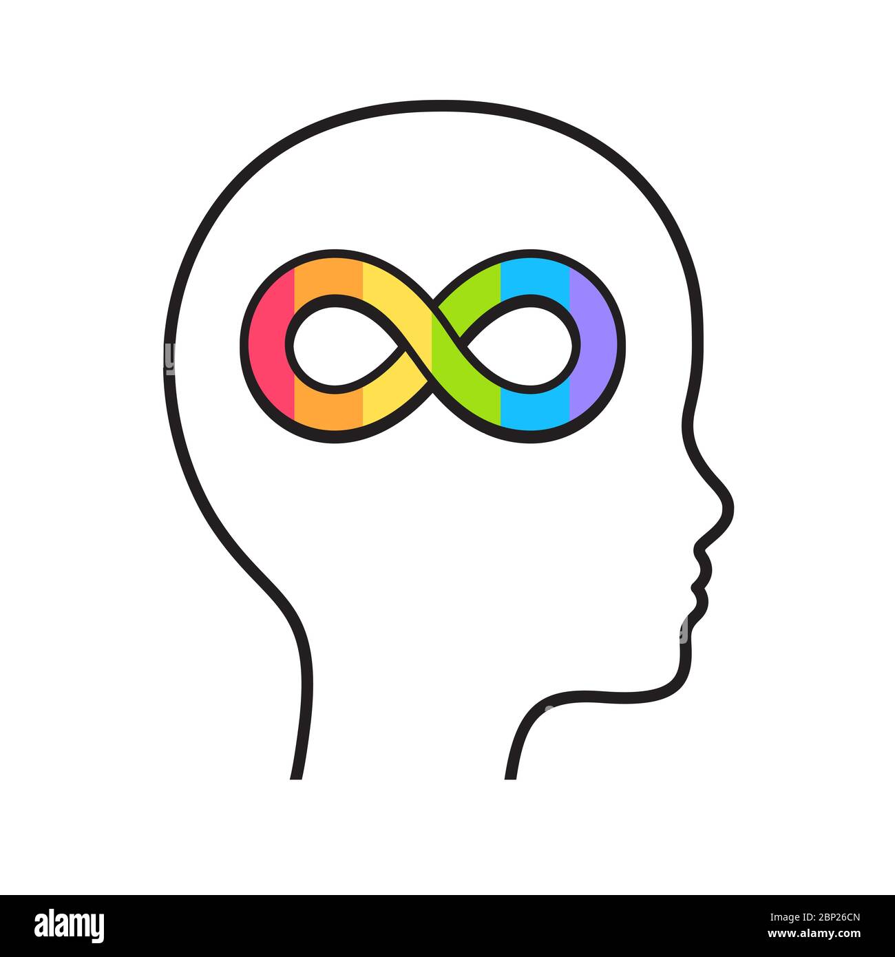 Profilo della testa per bambini con simbolo dell'infinito arcobaleno. Disturbi dello spettro autistico e consapevolezza della neurodiversity. Illustrazione Vettoriale