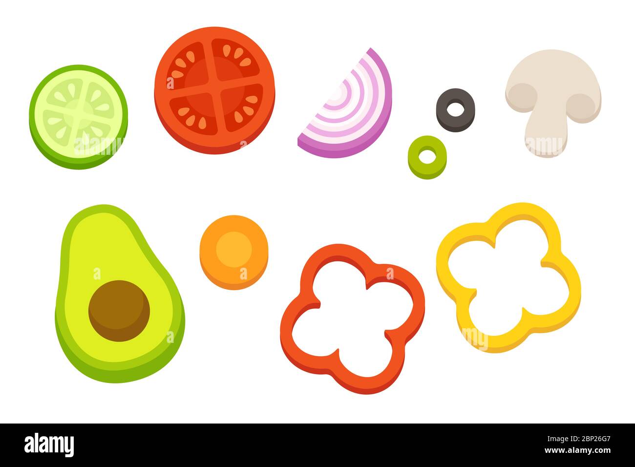 Set di verdure per cartoni animati, verdure tagliate e pretrattate per insalata o cottura. Semplice disegno piatto icone alimentari illustrazione vettoriale. Illustrazione Vettoriale
