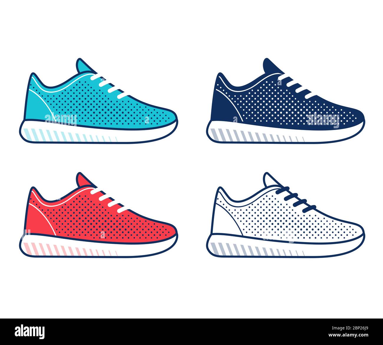 Set di icone moderne per scarpe da running. Sneaker top in mesh semplice in blu, rosso, nero e bianco. Raccolta di illustrazioni vettoriali isolate. Illustrazione Vettoriale