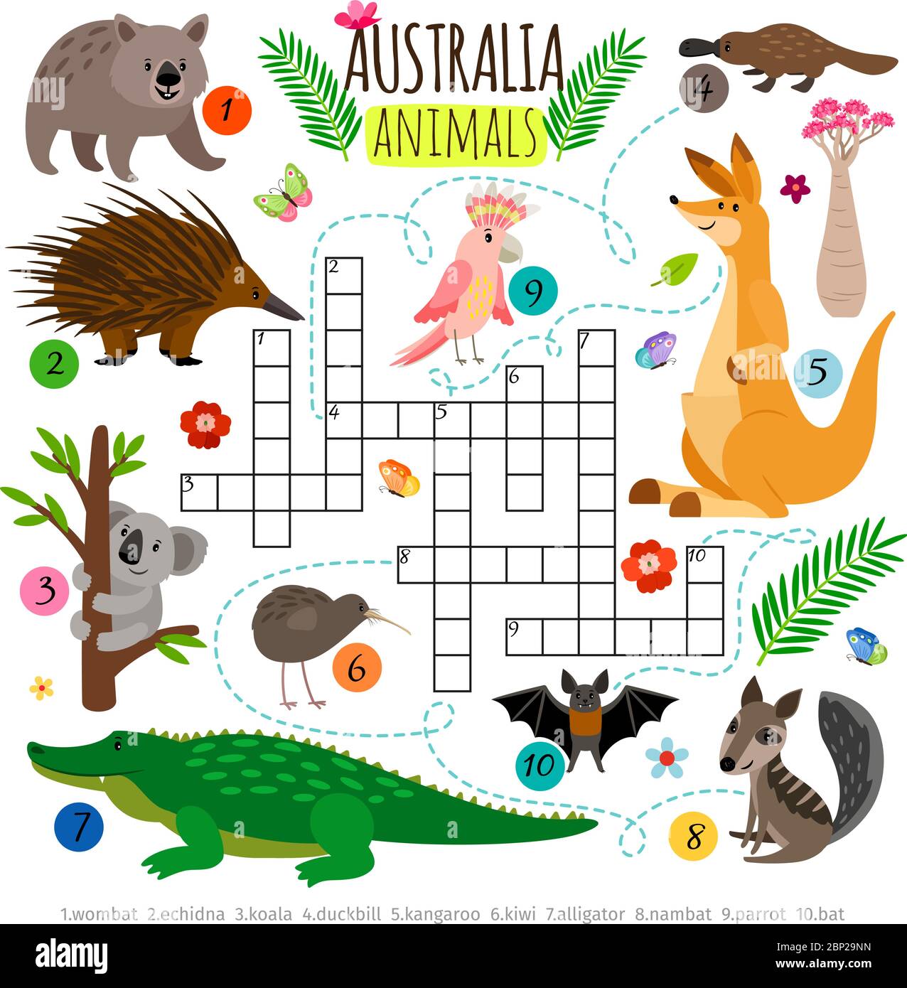 Animali australiani crossword. Parole di bambini brainteaser, ricerca di parole puzzle gioco illustrazione vettoriale Illustrazione Vettoriale