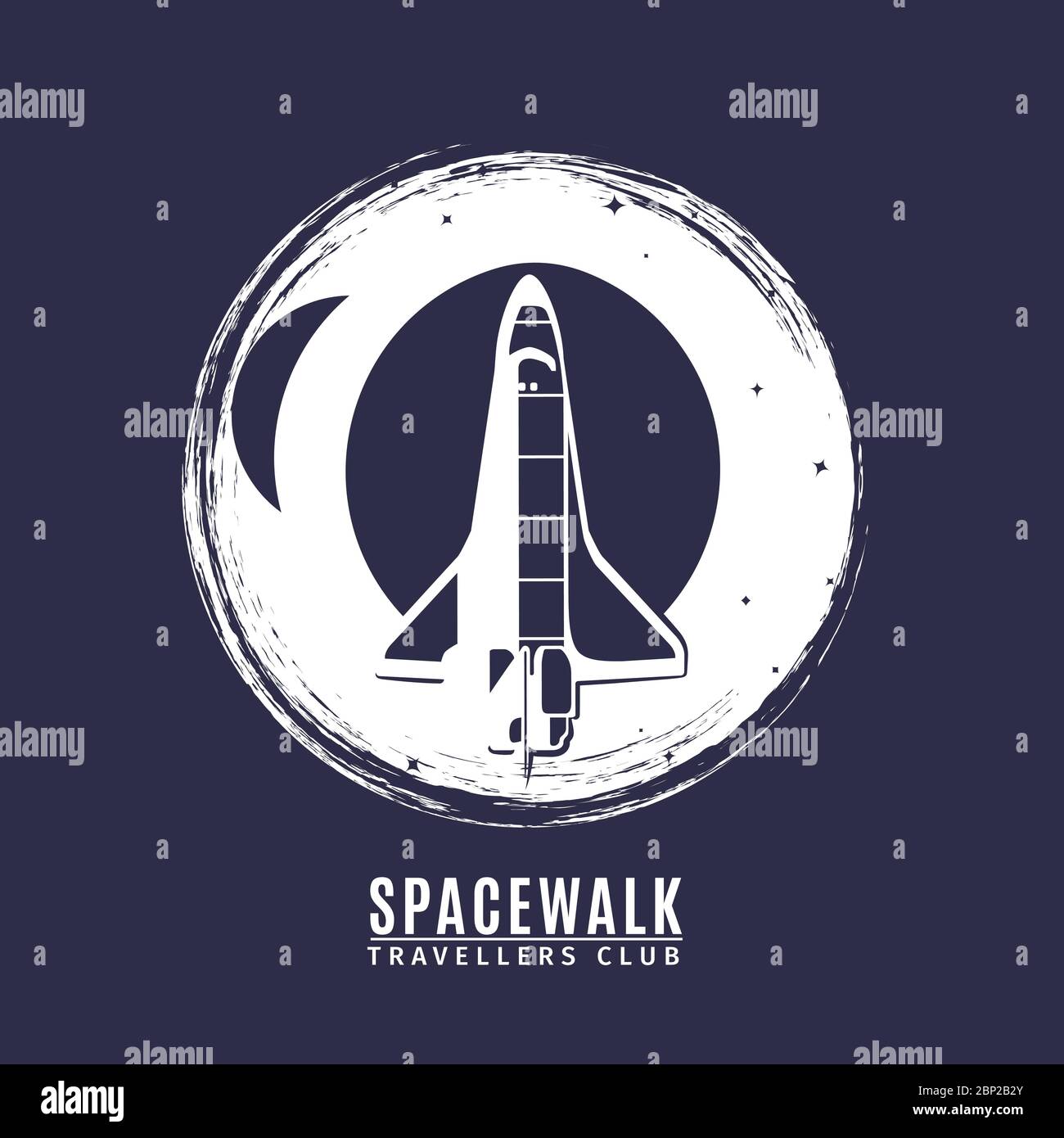 Logo Space in stile retrò. Etichetta astronautica vintage con razzo spaziale, illustrazione vettoriale Illustrazione Vettoriale