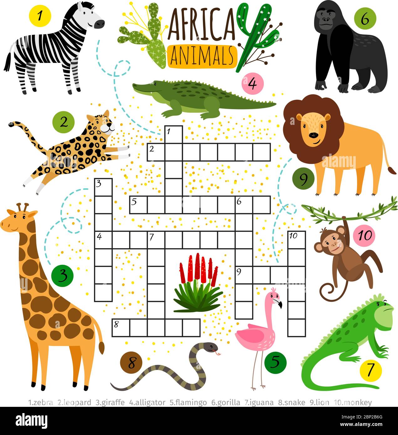 Animali di crossword africa. Bambini zoo africano crossword per bambini della scuola, parole di ricerca gioco vettore illustrazione Illustrazione Vettoriale