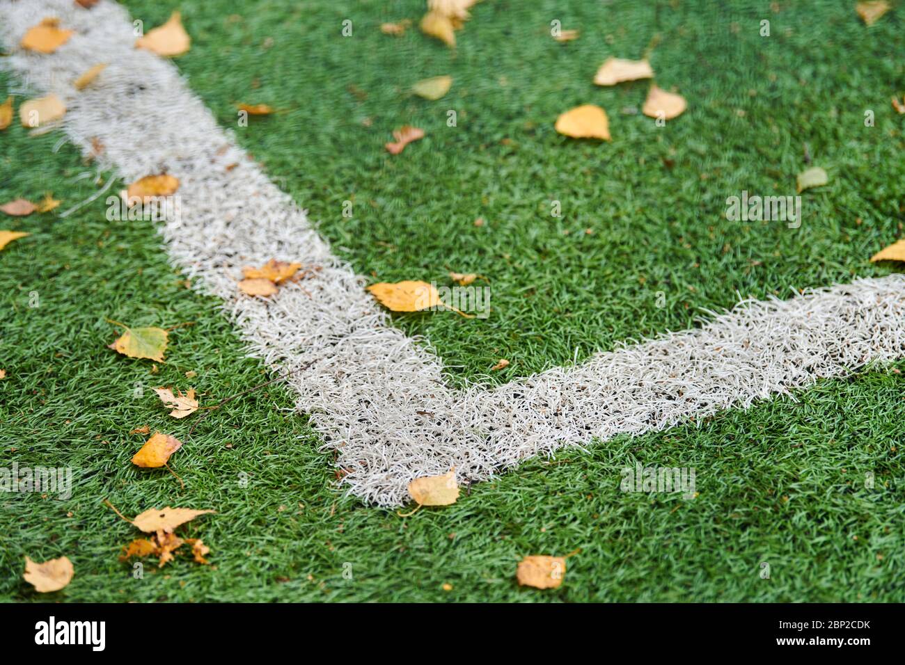 Erba artificiale, campo sportivo coperto con marcatura. Tappeto erboso artificiale utilizzato in diversi sport: Calcio, calcio, rugby, tennis, baseball, football americano Foto Stock