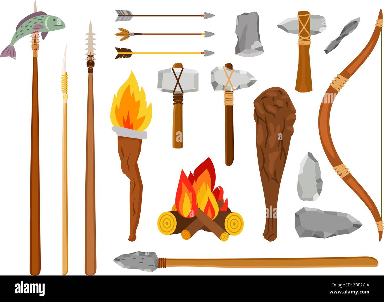 Strumenti di età della pietra del cartone animato. Elementi primitivi di caveman isolati su sfondo bianco, strumenti preistorici di salvataggio pietra ascia, fuoco e mace illustrazione vettoriale Illustrazione Vettoriale