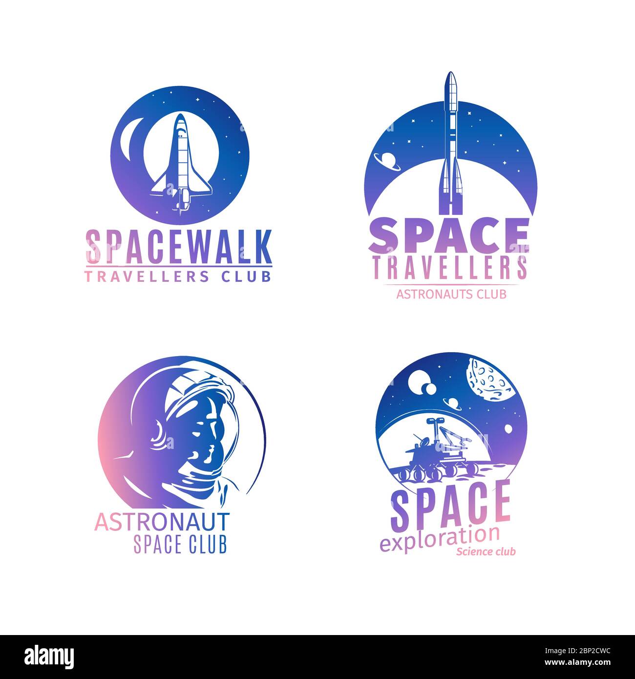 Logo spazio colorato in stile retrò. Etichette e badge astronautici vintage con astronauta, razzo spaziale e casco isolati su sfondo bianco, illustrazione vettoriale Illustrazione Vettoriale