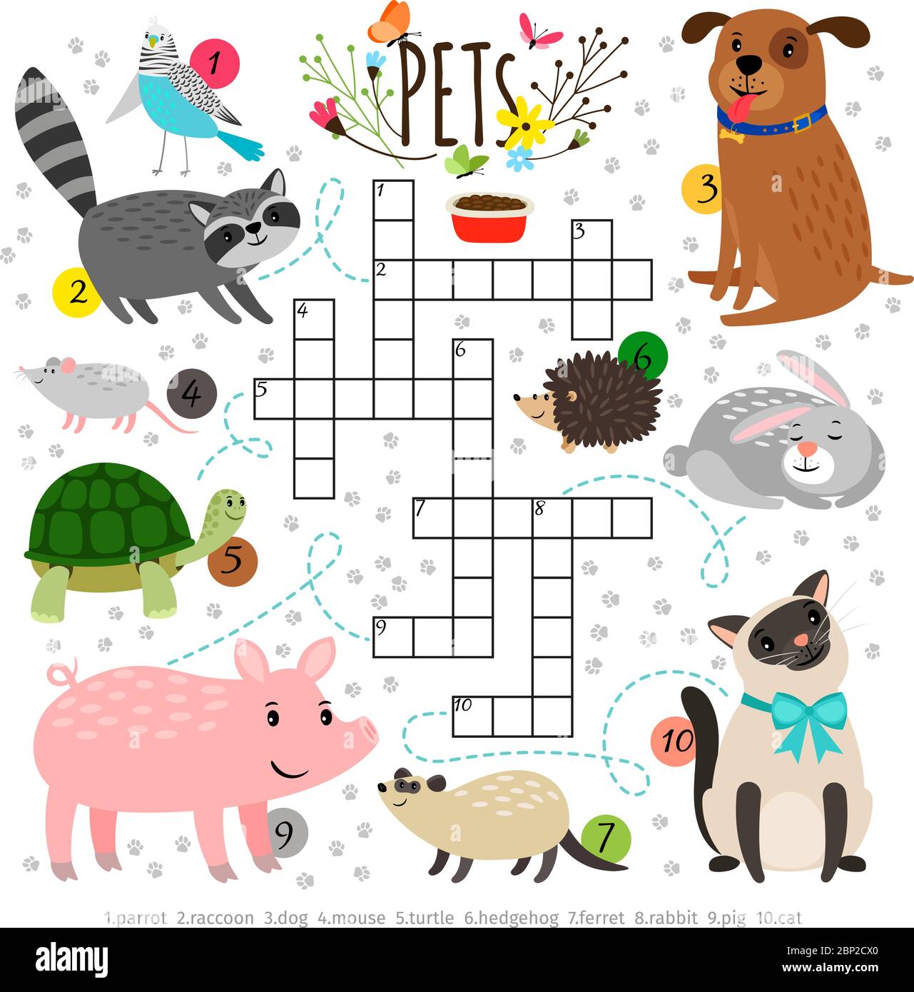 I bambini si incrociano con gli animali domestici. Bambini che attraversano il puzzle di ricerca di parola con i gatti animali come gatto e cane, tartaruga e lepre illustrazione vettoriale Illustrazione Vettoriale