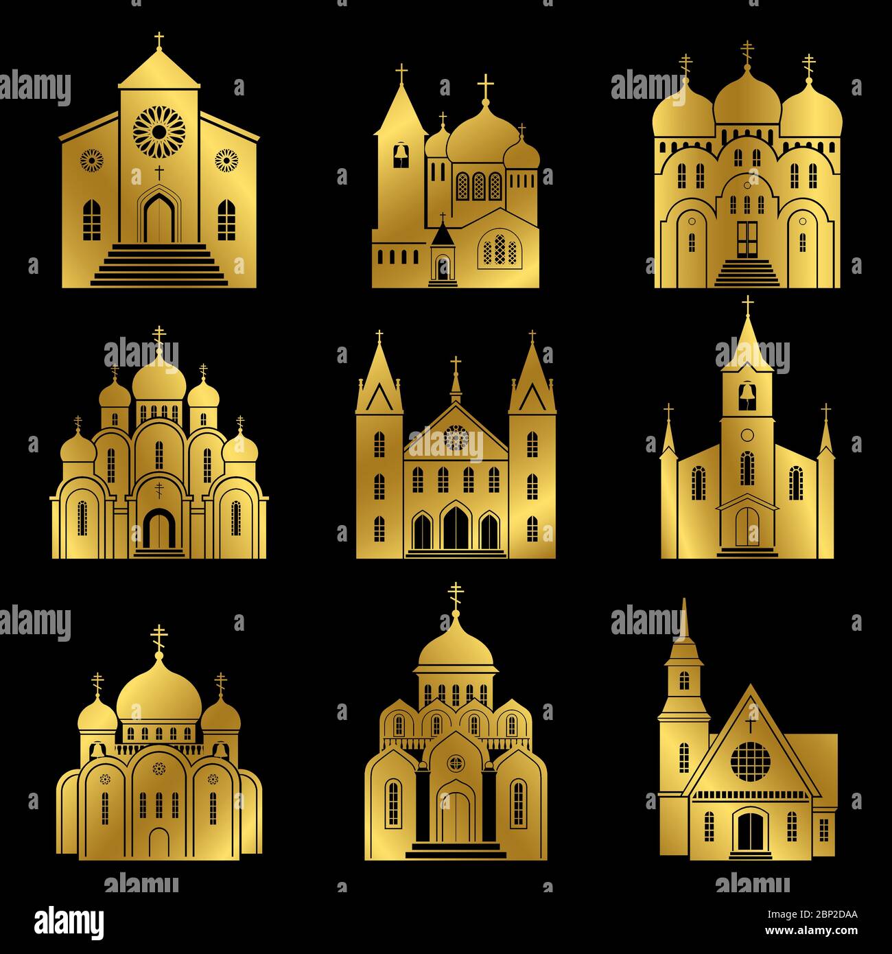 Icone della chiesa in oro. Basilica vettoriale e edificio cappella isolato su sfondo nero, illustrazione vettoriale Illustrazione Vettoriale