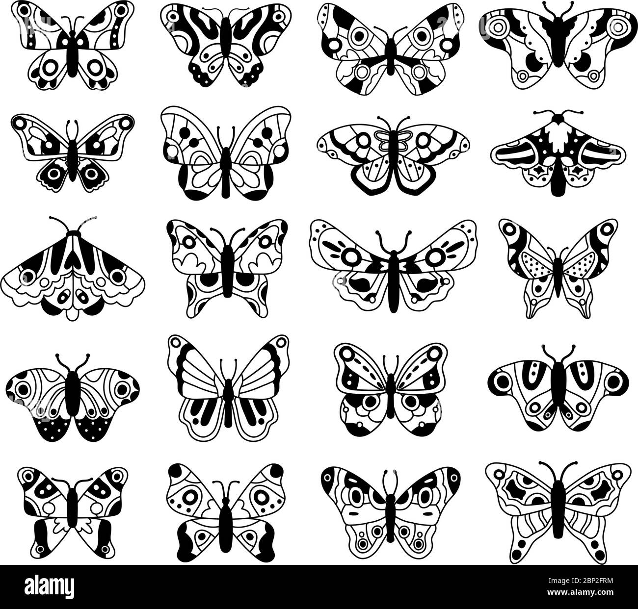 Farfalla di doodle. Schizzo farfalle volanti, insetti di primavera disegnati a mano. Disegno grafico farfalla volante vettore illustrazione icone set Illustrazione Vettoriale