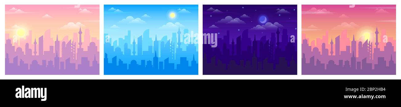 Vista diurna della città. Alba del paesaggio urbano, mezzogiorno e notte, paesaggio dello skyline di giorno e di notte, edifici urbani silhouette sfondo vettoriale Illustrazione Vettoriale