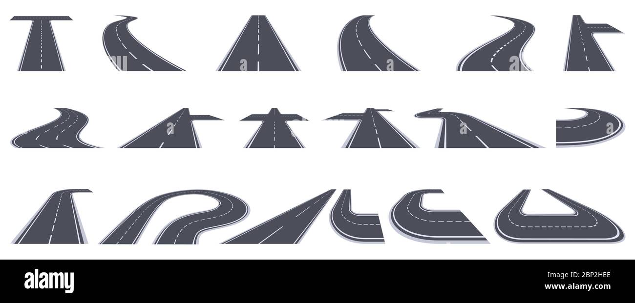 Strada. Curve strade asfaltate, curve strade prospettiche, curve curve curve viarie strade cittadine isolate vettoriali illustrazione set Illustrazione Vettoriale