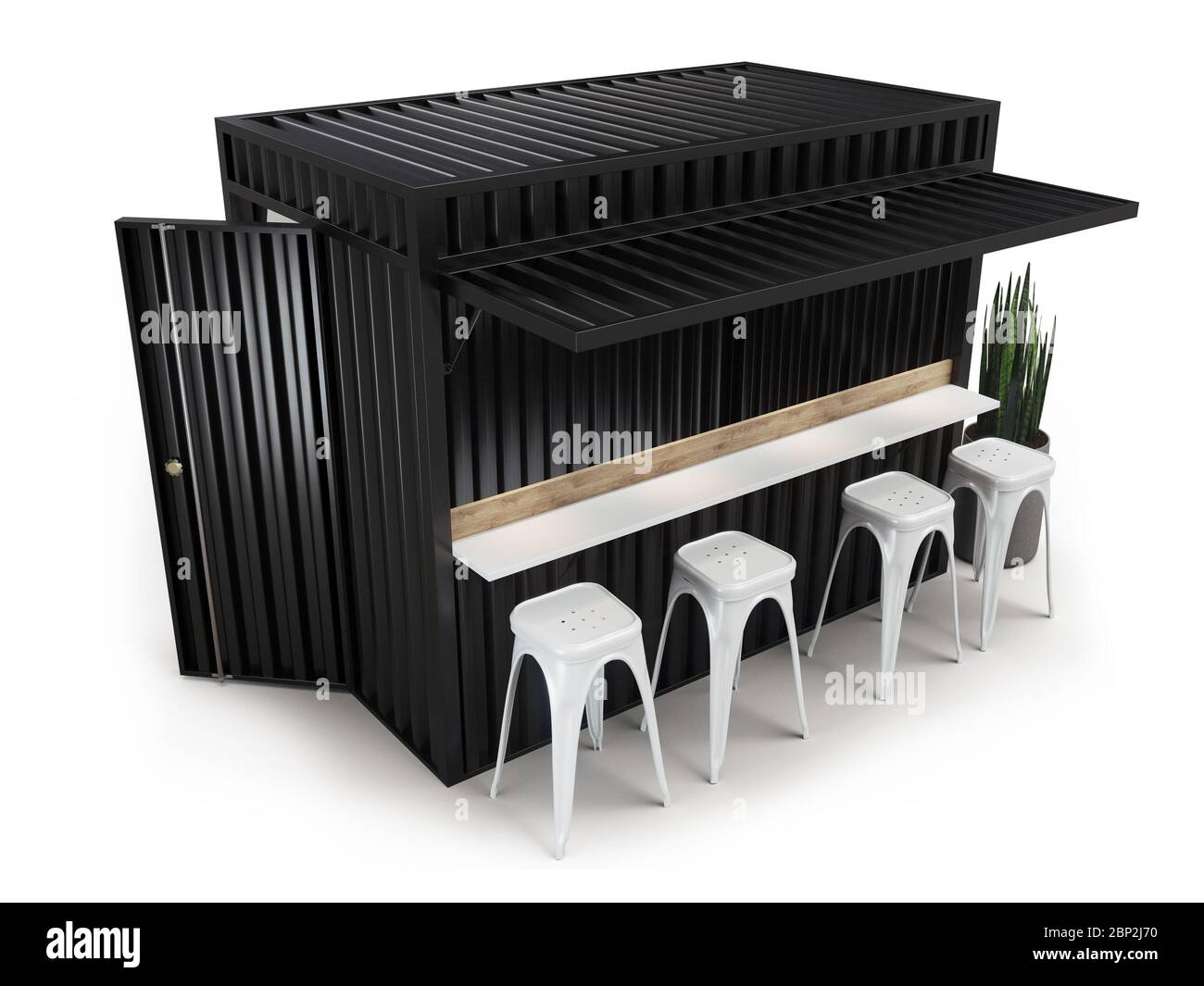Contenitore di spedizione splendidamente convertito nel moderno bar ristorante, rendering 3d, mockup. Foto Stock