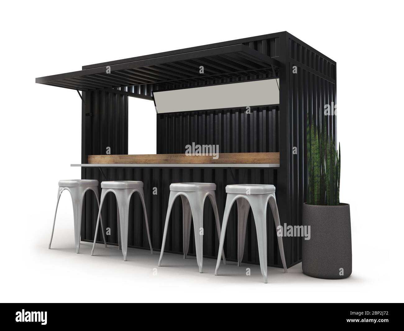 Contenitore di spedizione splendidamente convertito nel moderno bar ristorante, rendering 3d, mockup. Foto Stock