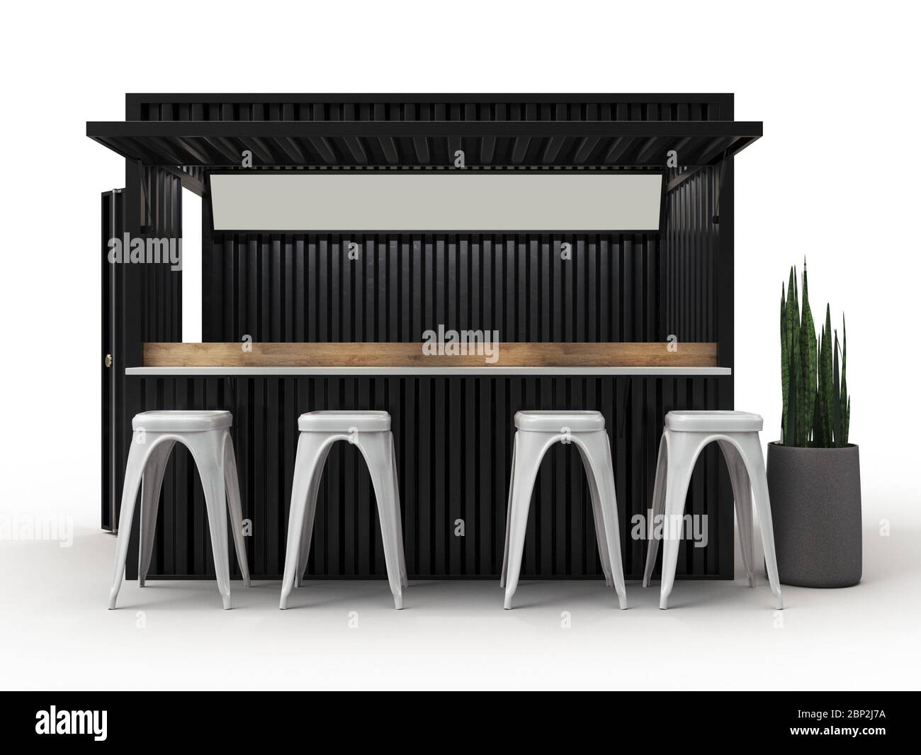 Contenitore di spedizione splendidamente convertito nel moderno bar ristorante, rendering 3d, mockup. Foto Stock