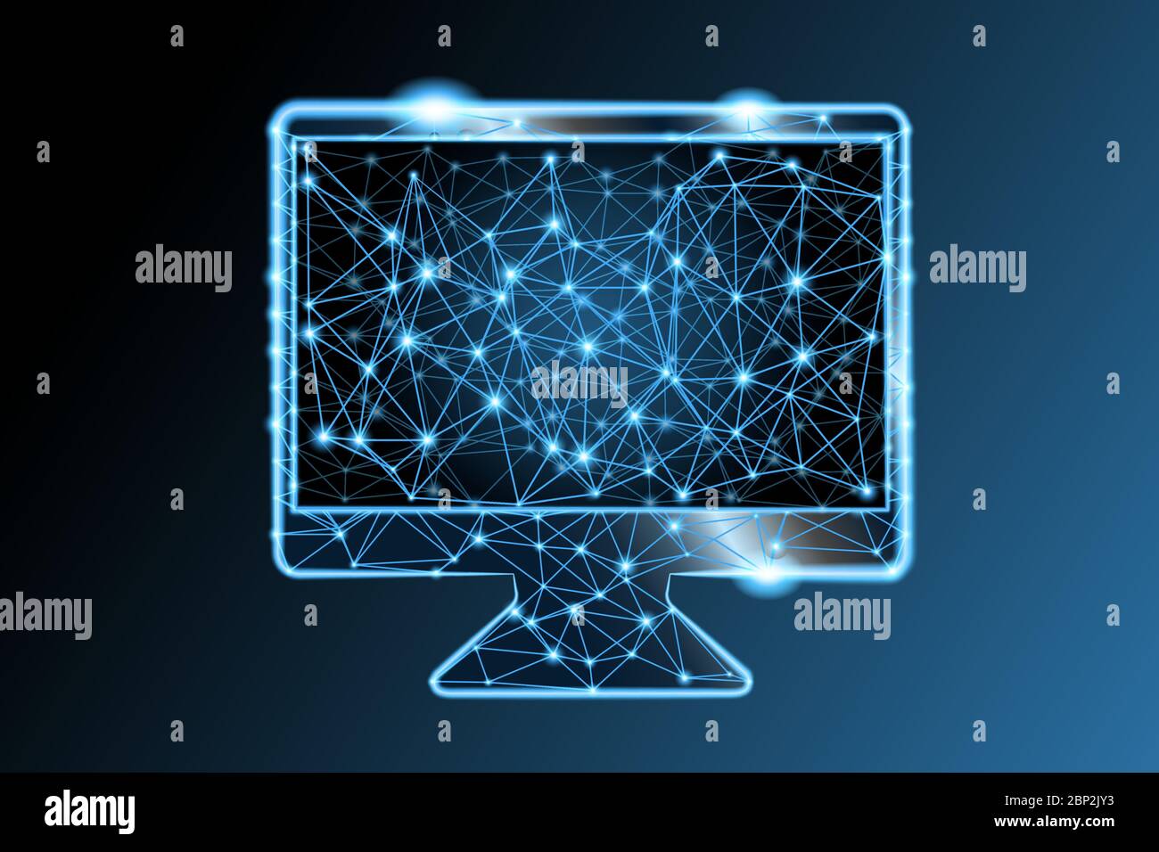 Monitor per computer vuoto in stile poly basso con linee e punti luminosi Illustrazione Vettoriale