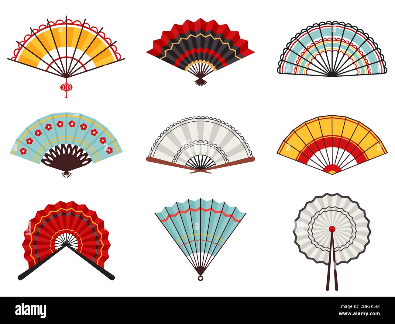 Ventilatori asiatici. Ventilatori di mano di piegatura di carta, cinese, giapponese decorativo tradizionale orientale ventilatori di legno icone di illustrazione vettoriale insieme Illustrazione Vettoriale