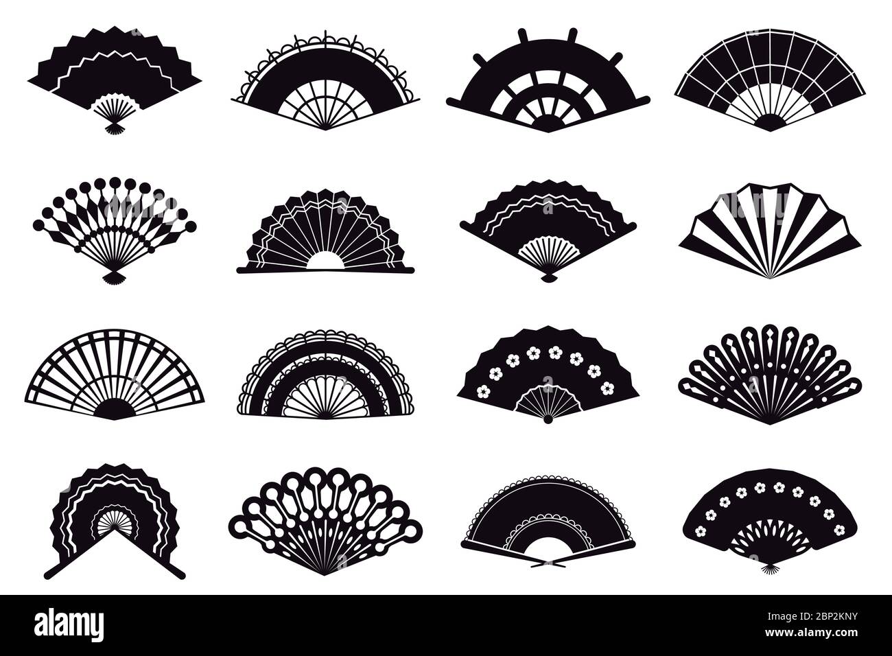Silhouette per ventilatori a mano. Asian tradizionale carta pieghevole ventilatori a mano, grafica monocromatica orientale carta pieghevole ventilatori vettoriale illustrazione icone set Illustrazione Vettoriale
