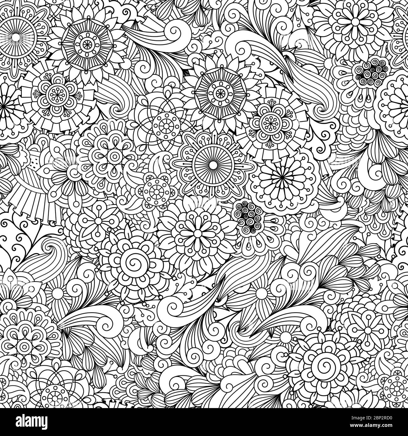 Fiore ornamentale rotondo e foglie decorative motivo di colorazione adulto. Sfondo vettoriale bianco e nero Illustrazione Vettoriale