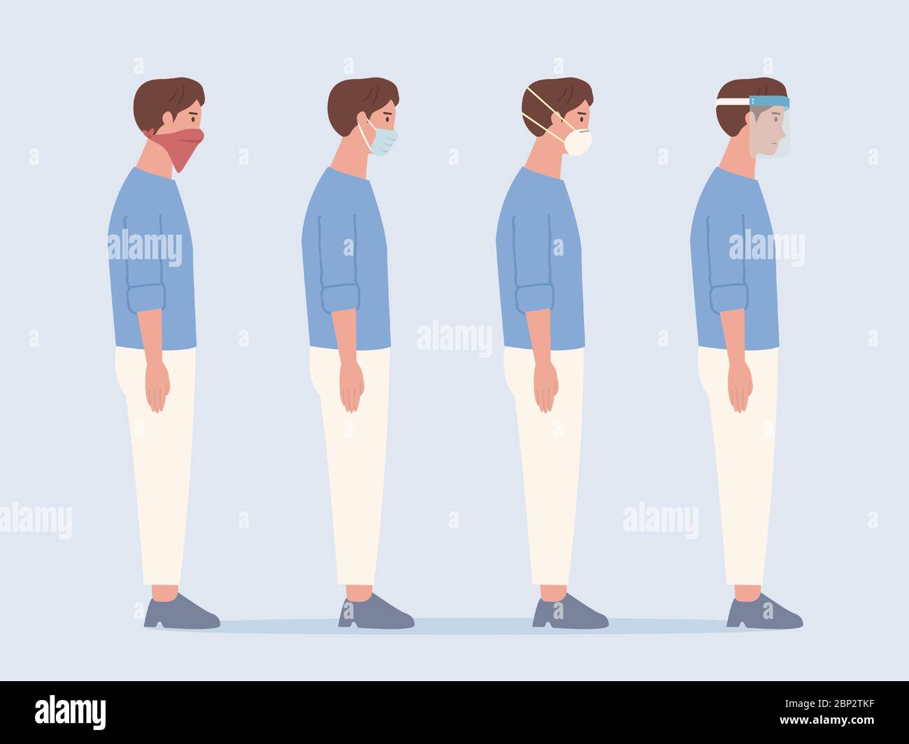 Persone che indossano una maschera facciale diversa per prevenire virus e inquinamento. Maschera chirurgica, maschera N95, fazzoletto, visiera. Illustrazione circa genere di fotoricettore Illustrazione Vettoriale