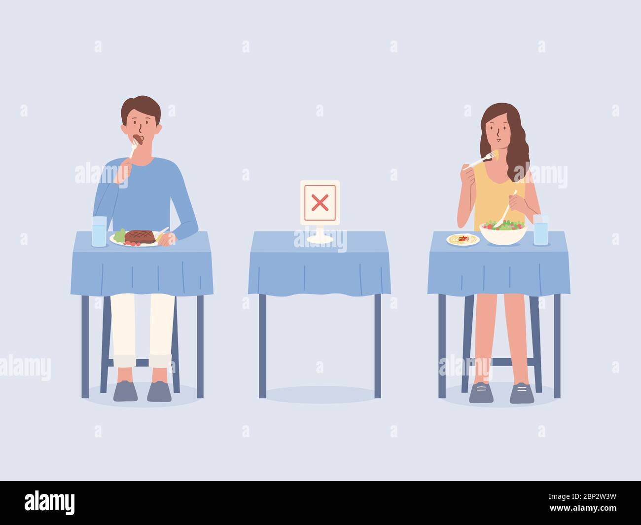 Uomo e donne che fanno divaricarsi sociale mentre mangiano il cibo da soli ai tavoli del ristorante. Lasciare spazio vuoto per evitare e impedire la diffusione di Coronavirus Illustrazione Vettoriale