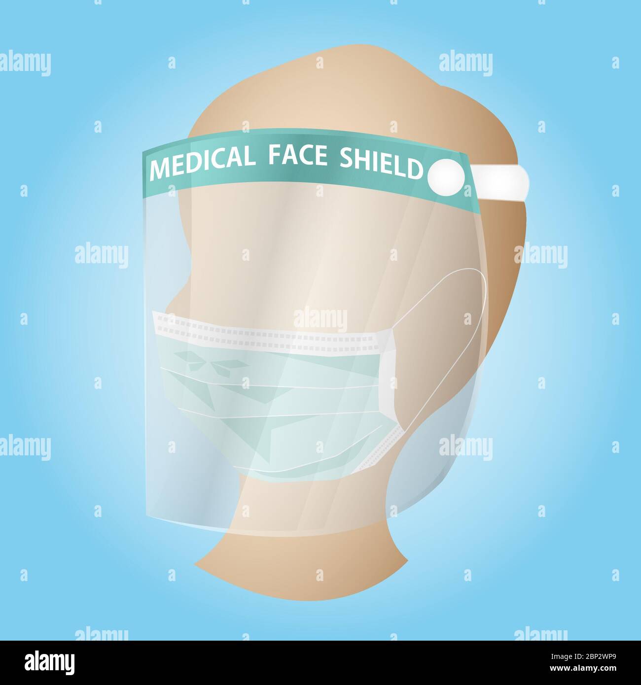 Uomo bianco con protezione facciale in plastica e maschera chirurgica da Coronavirus (CoVID-19). Concetto di set di dispositivi di protezione individuale. Foto Stock