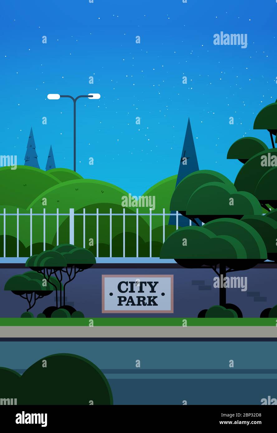 banner city park su recinzione bella notte paesaggio sfondo verticale vettore illustrazione Illustrazione Vettoriale