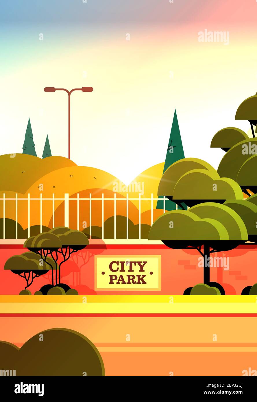 city park cartello bordo su recinzione bella estate giorno tramonto paesaggio sfondo verticale vettore illustrazione Illustrazione Vettoriale